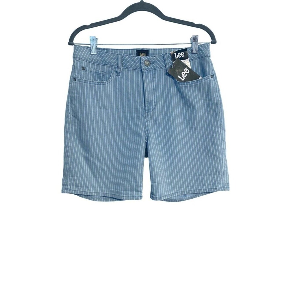 Lee Women's Shorts 10M Light Blue Striped Denim Mid Rise Casual Beachy Boho NEW